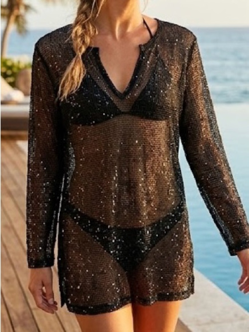 Sand N Sun Black Sequin Mesh Swim Coverup Tunic Size Medium M 8/10